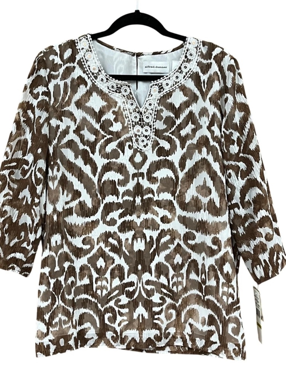 Alfred Dunner Brown & White Ikat Crochet-Trim Blouse - Size 14 - NWT